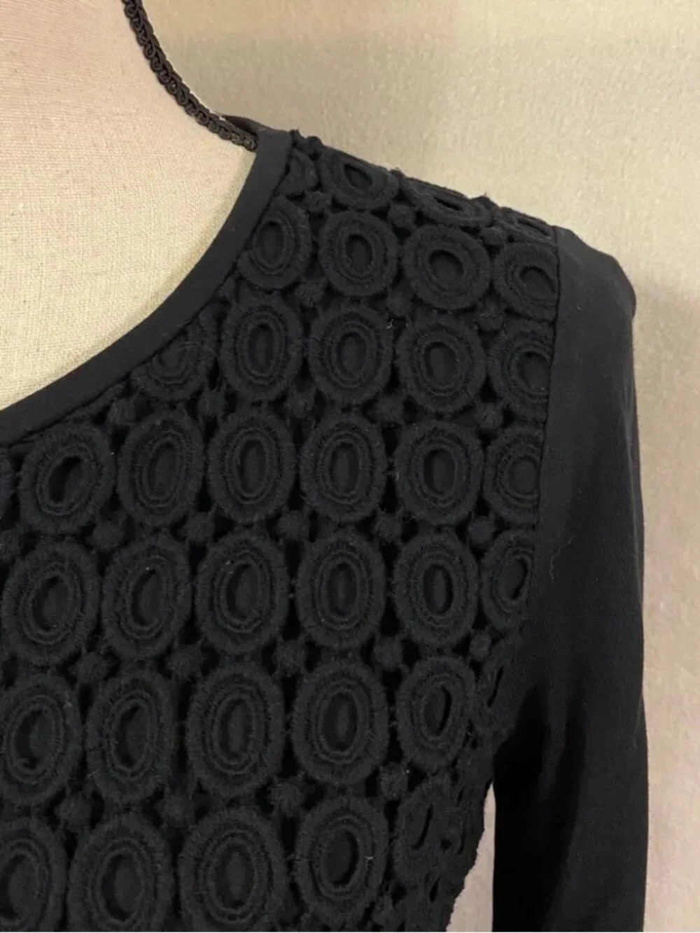 J. Crew black circle crochet lace layered tiered 3/4 sleeve cotton top